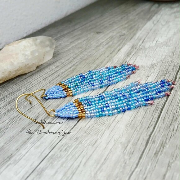 Boho Beaded Fringe Cascade Shoulder Duster Dangle Earrings, Blue & Gold 3.5" - Picture 8 of 10